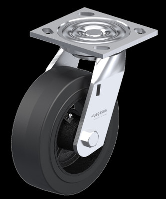 P21 MD Industrial Swvl Cstr Plate 4X4.5In Black Rubber Tread On Black Cast Iron Core Wheel 7.5IN H Replacement