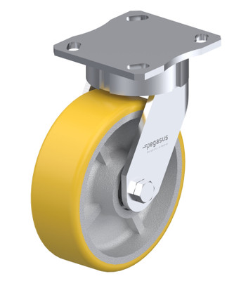 P25 MHD Kingpinless Swvl Caster Plate 4X4.5In Yellow PU Tread Silver Cast Iron Core Wheel 5.625IN H Replacement