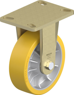 HD Welded Steel Fixed Caster 6.3125IN Light Brown PU on Die-Cast Alum Whl 6.25x4.5IN Mt Plate 8.0625 Replacement