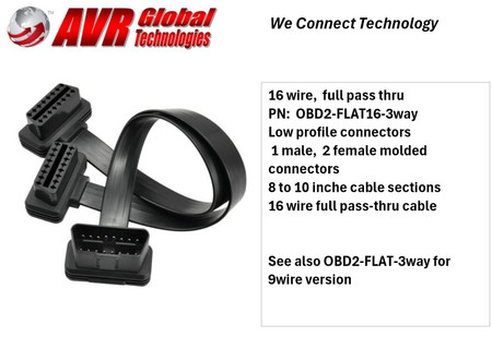 FLAT Ribbon Cable Low Profile OBD2 1 Male 2 Female Connectors 8 to 10 Inches Long Replacement