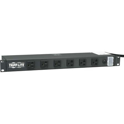 TRIPP LITE 19 INCH RACKMOUNT AC POWER STRIP 20 A 125 VAC 15' POWER CORD 6 REAR AND 6 FRONT OUTLETS O ON/OFF SWITCH WITH LOCKING SWITCH COVER