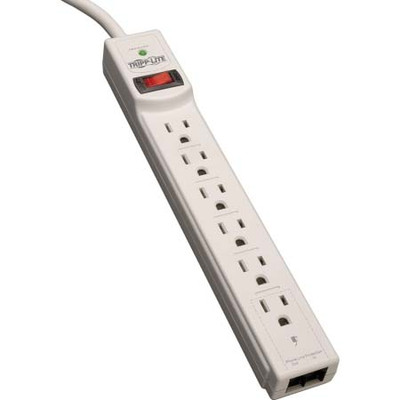 TRIPP LITE SURGE PROTECTOR SIX AC OUTLETS ONE SET OF RJ11 JACKS INCLUDES 4 FT POWER CORD AND 6 FT PH HONE CORD UL AND CUL RATED