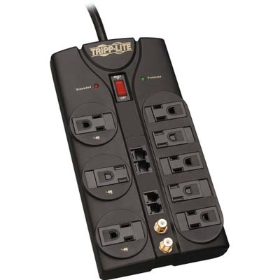 TRIPP LITE SURGE PROTECTOR EIGHT AC OUTLETS ONE SET EACH RJ11 ETHERNET AND F COAX JACKS INCLUDES 10 FT POWER CORD W/ RT ANGLE PLUG UL AND CUL RATED