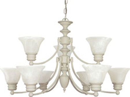 EMPIRE 9 LIGHT 32 INCH CHANDELIER WITH ALABASTER GLASS BELL SHADES 2 TIER TEXTURED WHITE TRANSITIONA