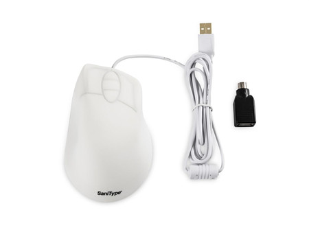 SANITYPE PROFESSIONAL GRADE ERGONOMIC OPTICAL WASHABLE MOUSE WITH 3 BUTTON SCROLL USB PS2 WHITE