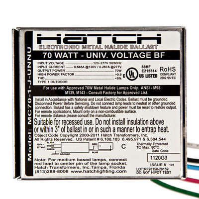HATCH MC70-1-J-UNNU - 70 W - ELECTRONIC METAL HALIDE BALLAST Replacement