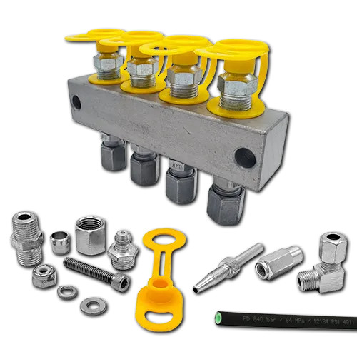4 Point Remote Grease Manifold Kit - M10x1 Ports - Zinc-nickel Carbon Steel - Complete with Fittings, Hose and Hardware