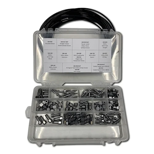 Heavy Equipment Automatic Lubrication Parts Kit with metric M10x1 fittings, tubing, hose studs, adapters, and repair components organized in a portable parts box.