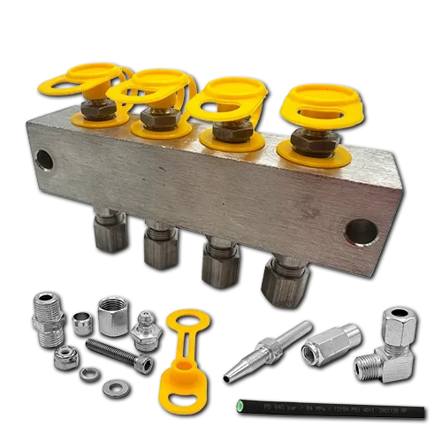 4-point stainless steel remote grease manifold kit with M10×1 header block, high-pressure grease-filled hose and fittings