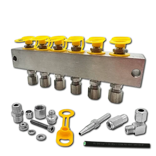 6-point stainless steel remote grease manifold kit with M10×1 header block, high-pressure grease-filled hose and fittings