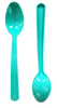 Two long-handled plastic spoons in a bright teal color, one showing the top of the handle with the text 'BAHAMA BUCK'S' and the other showing the underside.