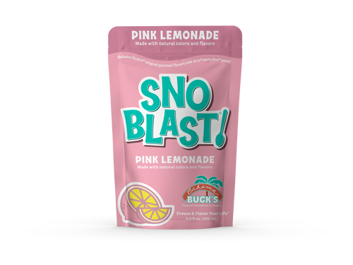 A pouch of Bahama Buck's pink lemonade Snoblast shaved ice mix, featuring a teal and pink design.