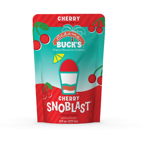 A pouch of Bahama Buck's cherry Snoblast shaved ice mix, featuring a teal and red design with an image of a shaved ice cup.