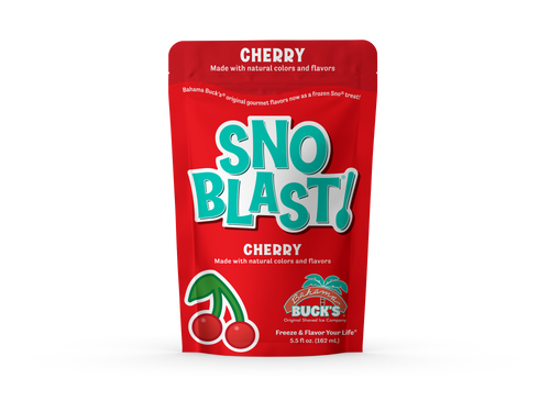 A pouch of Bahama Buck's cherry Snoblast shaved ice mix, featuring a teal and red design.