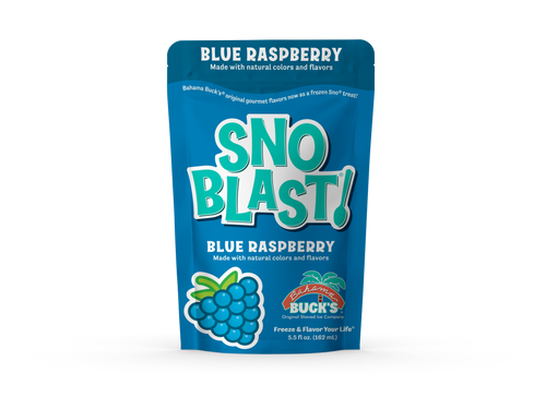 A pouch of Bahama Buck's Blue Raspberry Snoblast shaved ice mix, featuring a teal and blue design with an image of a blue raspberry