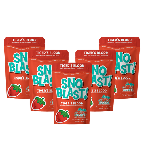 A series of Bahama Buck's Tiger's Blood Snoblast shaved ice mix pouches, featuring a teal and red design with an image of a strawberry.