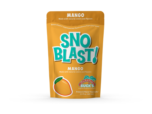 A pouch of Bahama Buck's Mango Snoblast shaved ice mix, featuring a teal and orange design with an image of a mango.