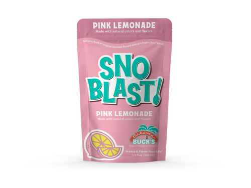 A pouch of Bahama Buck's Pink Lemonade Snoblast shaved ice mix, featuring a pink and coral design with an image of a lemonade.