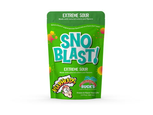 A pouch of Bahama Buck's Extreme Sour Snoblast shaved ice mix, featuring a teal and green design with an image of a green and white shaved ice cup.