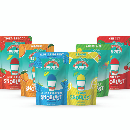 Six brightly colored pouches of Buck's Snoblast shaved ice mix, featuring flavors like Blue Raspberry, Mango, Tiger's Blood, Lemon, Extreme Sour, and Cherry.