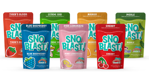 7 brightly colored pouches of Buck's Snoblast shaved ice mix, featuring flavors like Blue Raspberry, Mango, Tiger's Blood, Pink Lemonade, Extreme Sour Warheads, Pickle, and Cherry.