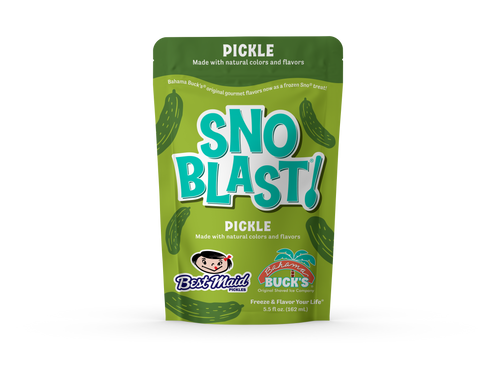 A pouch of Bahama Buck's Pickle Snoblast shaved ice mix, featuring a teal and green design with an image of a pickle.