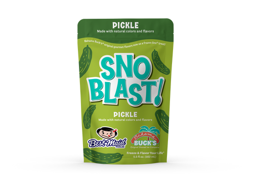 A pouch of Bahama Buck's cherry Snoblast shaved ice mix, featuring a green design.