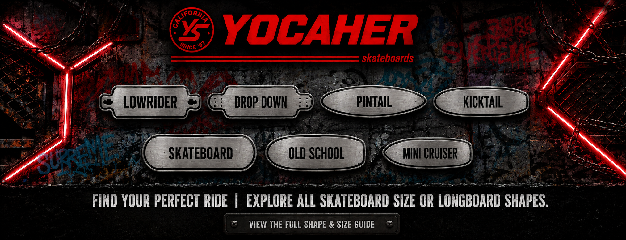Skateboard and longboard shape guide displaying lowrider, drop down, pintail, kicktail, and mini cruiser decks by Yocaher