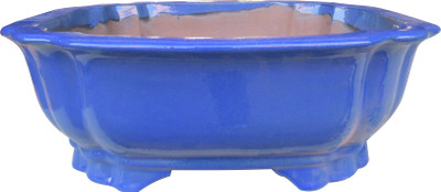 Front view of 17-inch square bonsai pot with glossy deep blue glaze and solid structure