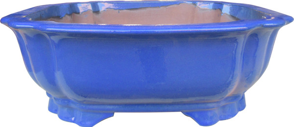 Front view of 17-inch square bonsai pot with glossy deep blue glaze and solid structure