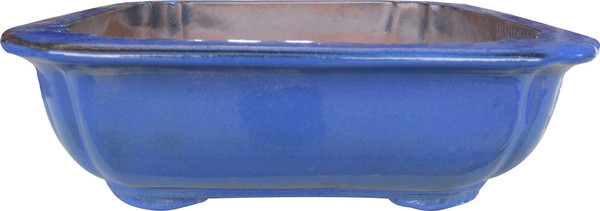 Front view of 15-inch blue glazed square bonsai pot with smooth corners and clean lines