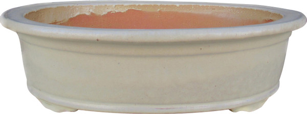 Front view of 14-inch speckled beige oval bonsai pot with smooth glaze