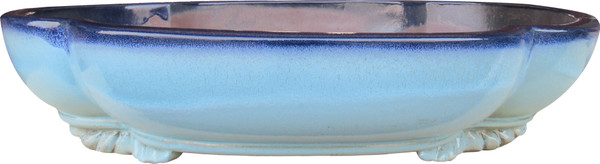 Front view of 20-inch irregular light blue glazed bonsai pot with gradient lip