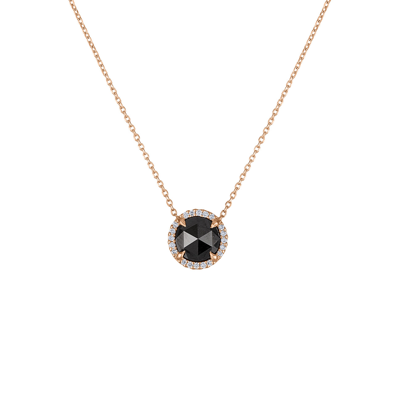 Hand Crafted Rose Cut Black Diamond Necklace, 3.05 Ct. Diamond Necklace,  14K Rose Gold Halo Diamond Pendant