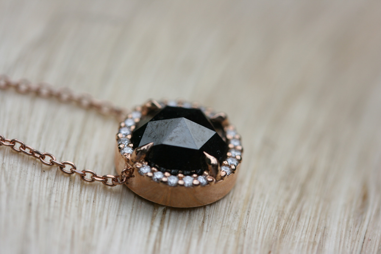 Hand Crafted Rose Cut Black Diamond Necklace, 3.05 Ct. Diamond Necklace,  14K Rose Gold Halo Diamond Pendant