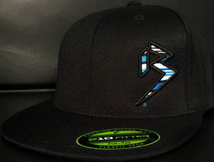 BLITZ Hat Black/Cyan/White on all Black 210 Premium Fitted Sku # 0251F-018802