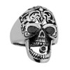 Stainless Steel Skull Ring With Fancy Cross Design On The Head & Black Stone In Eyes And Mouth (#101)