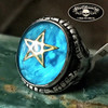 'Ocean Blue' Pentagram And Horned Goat's Head Ring