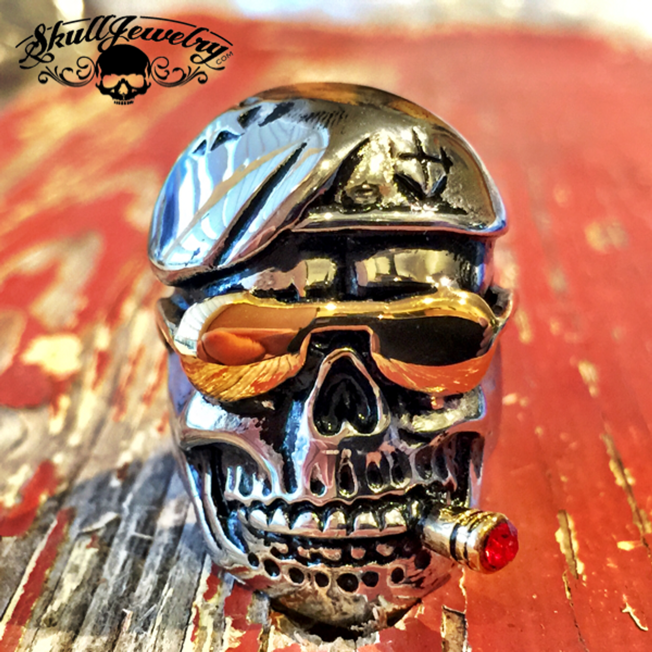 “Don’t Tread on Me” – Damn Yankees Skull Ring with Gold Sun Glasses & Cigar (#410) Size 10