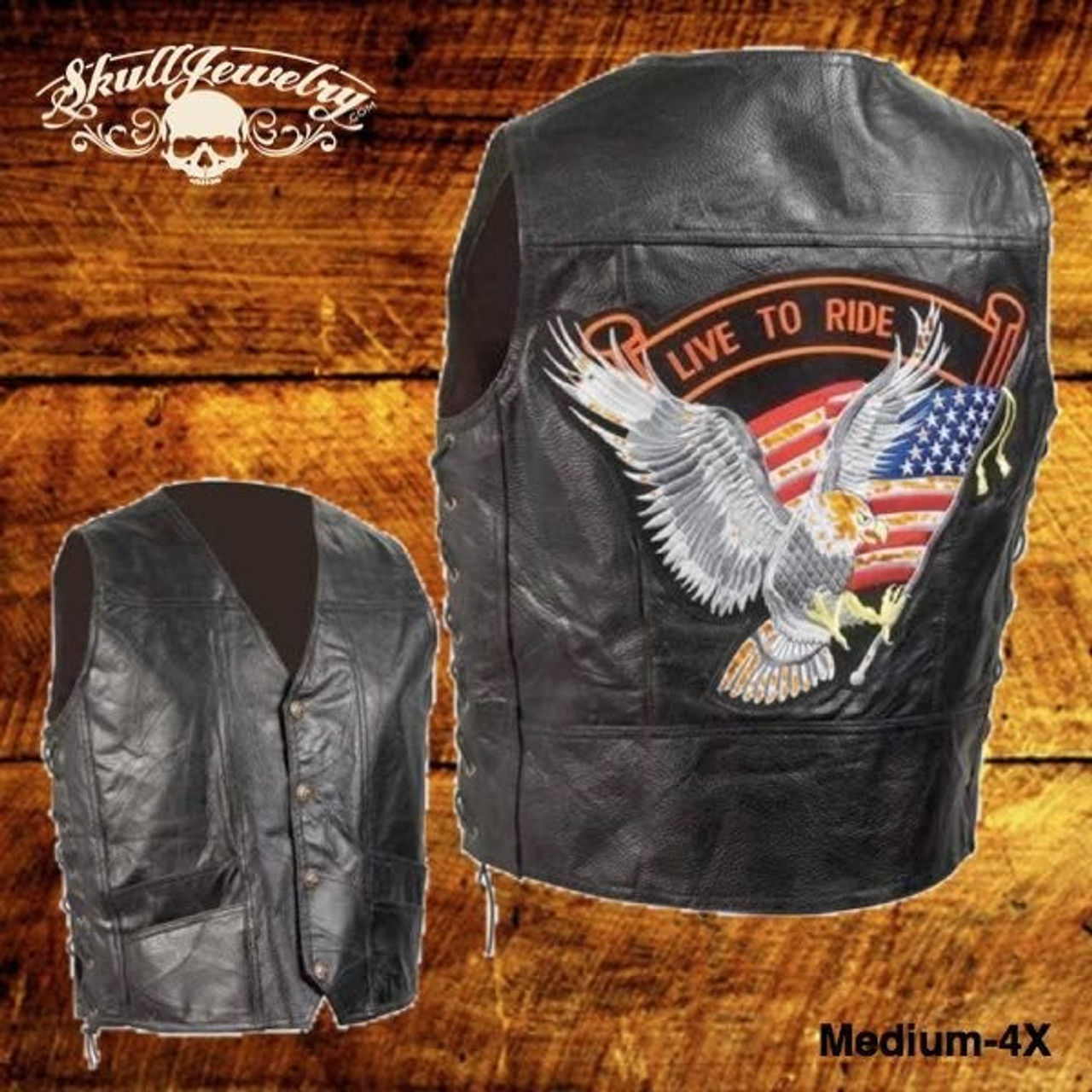 Hand-Sewn Pebble Grain Genuine Leather Biker Vest w/American Flag