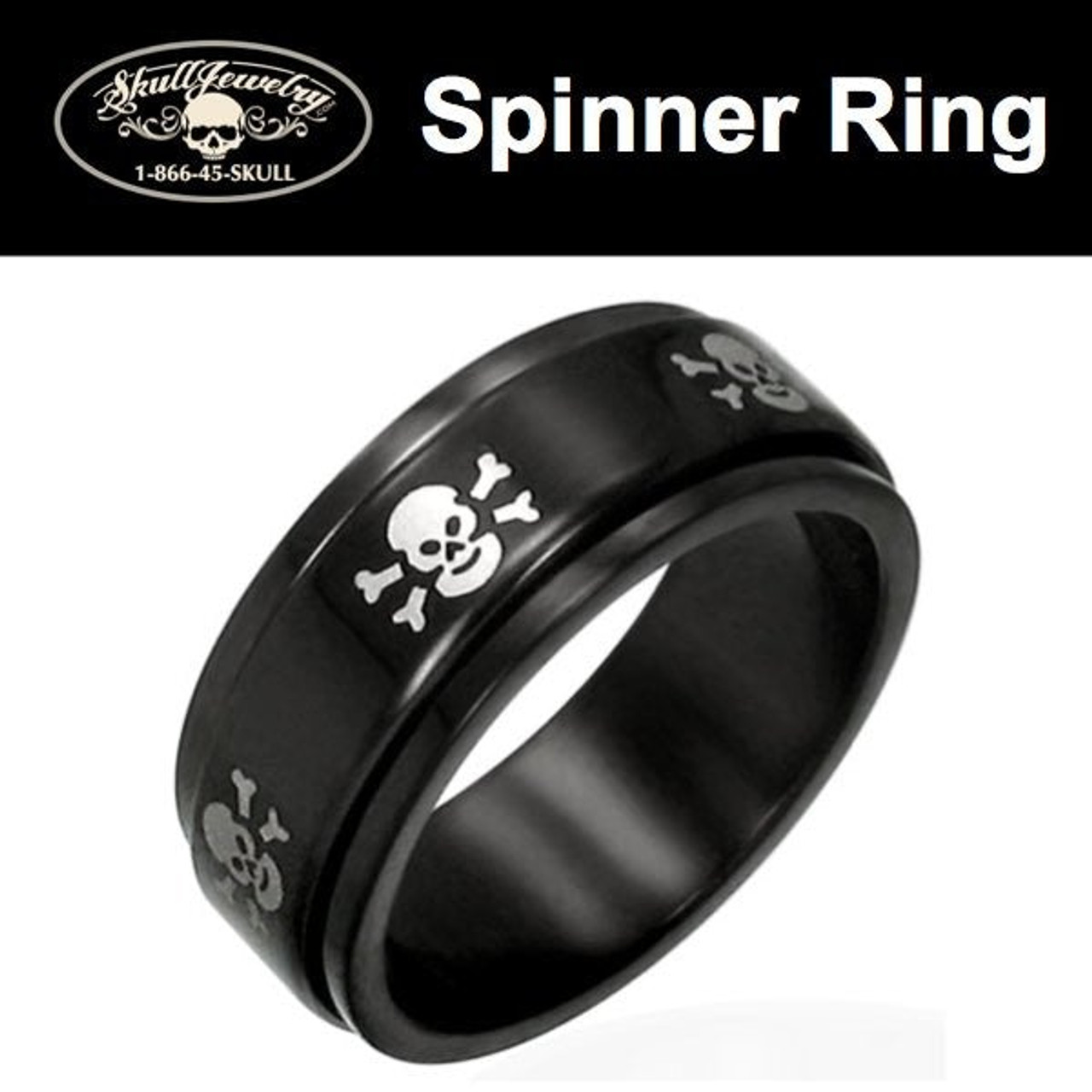 Bagvaskelse kasseapparat dukke Black Steel Skulls Fidget Spinner Ring (#m0023) - SkullJewelry.com