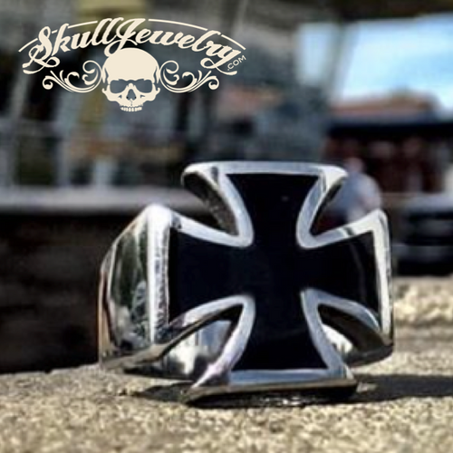 Badass Iron Cross Ring With Black Enamel