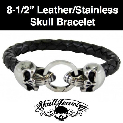 Double Cracked Skull Leather & Stainless Steel Bracelet - 8-1/2 inches (#898)
