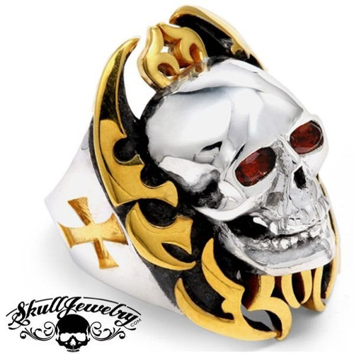 "I'm On Fire" 18k Gold & Stainless Steel Skull Ring with Flames and Red Gem Stone Eyes