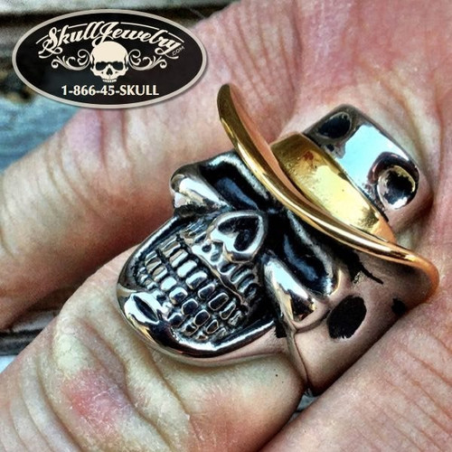 “Don’t Tread on Me” – Damn Yankees Skull Ring with Gold Sun Glasses & Cigar (#410) Size 10