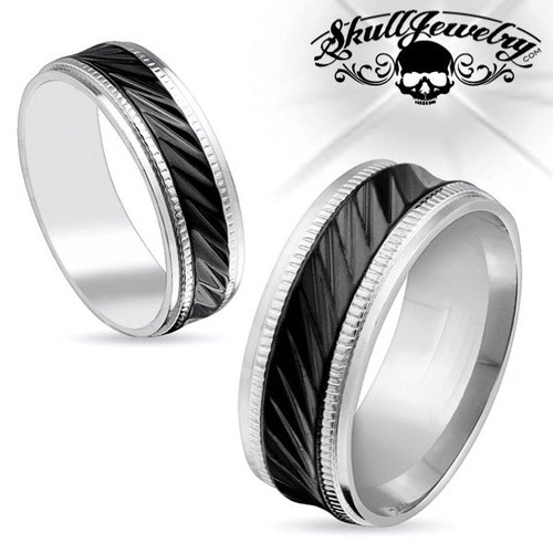 Milled Edge Black Center Stainless Steel Ring