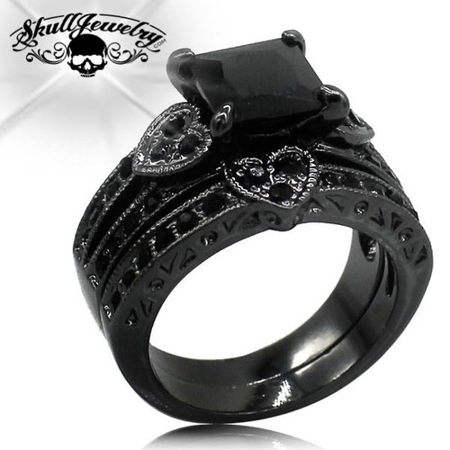 'Cuori Neri' Black Hearts 2 Ring Wedding/Engagement Ring