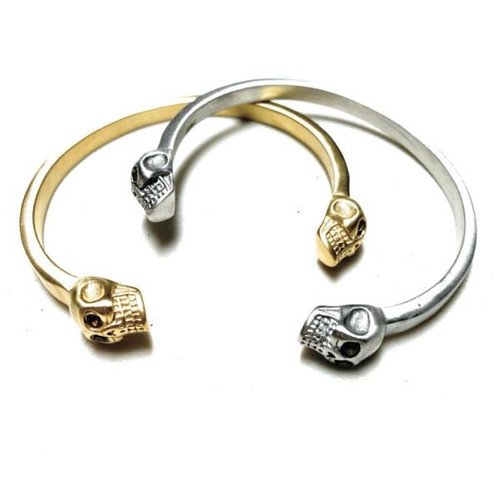'Double Trouble' Steel Bangle Skull Bracelet (gold-tone or silver-tone