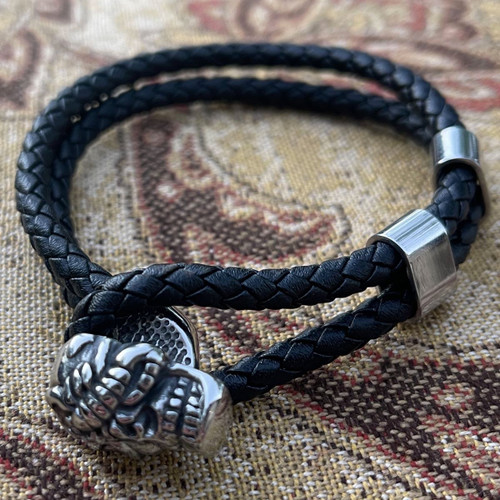 'Scorpion Skull Face' Leather/Steel Bracelet (#c307)