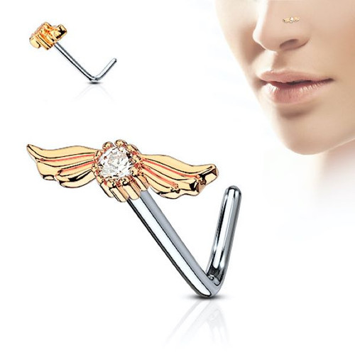 Angel Wings Nose Stud Ring - rose gold and clear color